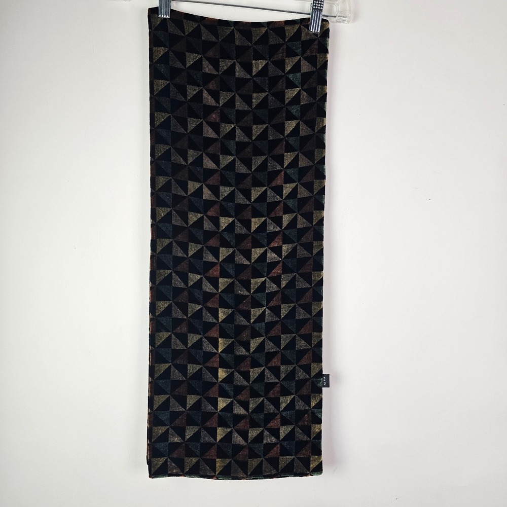 Geometric Triangle Print 100% Silk Velvet Scarf Green Rust Black Boho Artsy